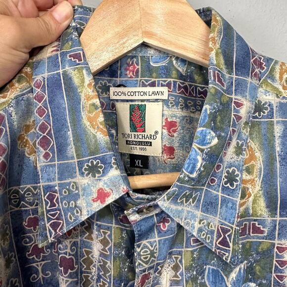 Vintage Tori Richard Hawaiian Print Button‎ Up Shirt Size XL Blue Floral Batik - Picture 10 of 10